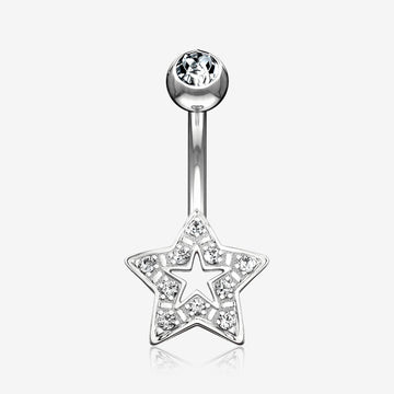 14 Karat White Gold Charming Star Sparkle Belly Button Ring-Clear Gem